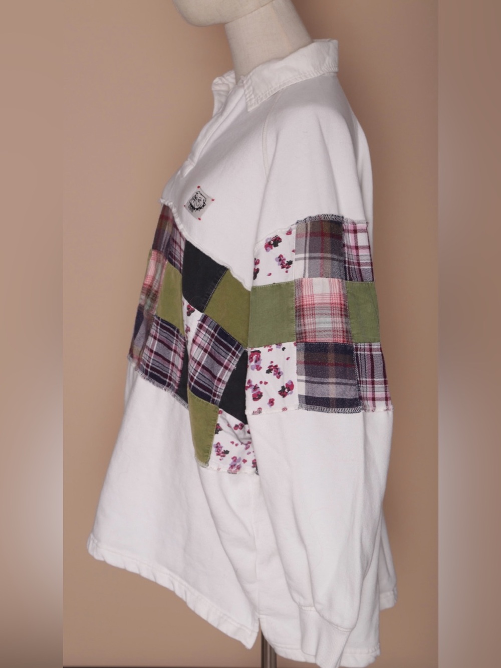 BDG Patchwork Plaid Oversized Rugby Shirt Cream Medium - Picture 5 of 6